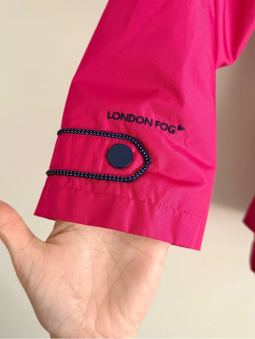 London Fog Girls Bright Pink Hooded Raincoat with Navy Polka-Dot Lining